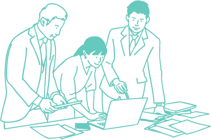 パソコンを見ながら数人で話し合っているイラスト